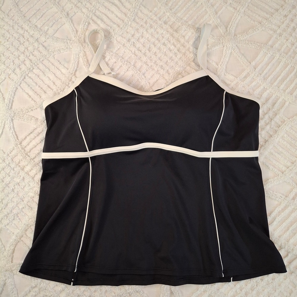 Lands' End Womens 18W Tankini Top Black White Contrast Trim Shelf Bra